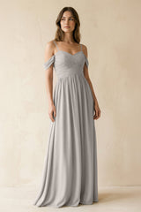 A-Line Off-the-Shoulder Pleated Chiffon Bridesmaid Dress in Silver - KissProm BRIDESMAID DRESSES