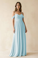 A-Line Off-the-Shoulder Pleated Chiffon Bridesmaid Dress in Sky Blue - KissProm BRIDESMAID DRESSES
