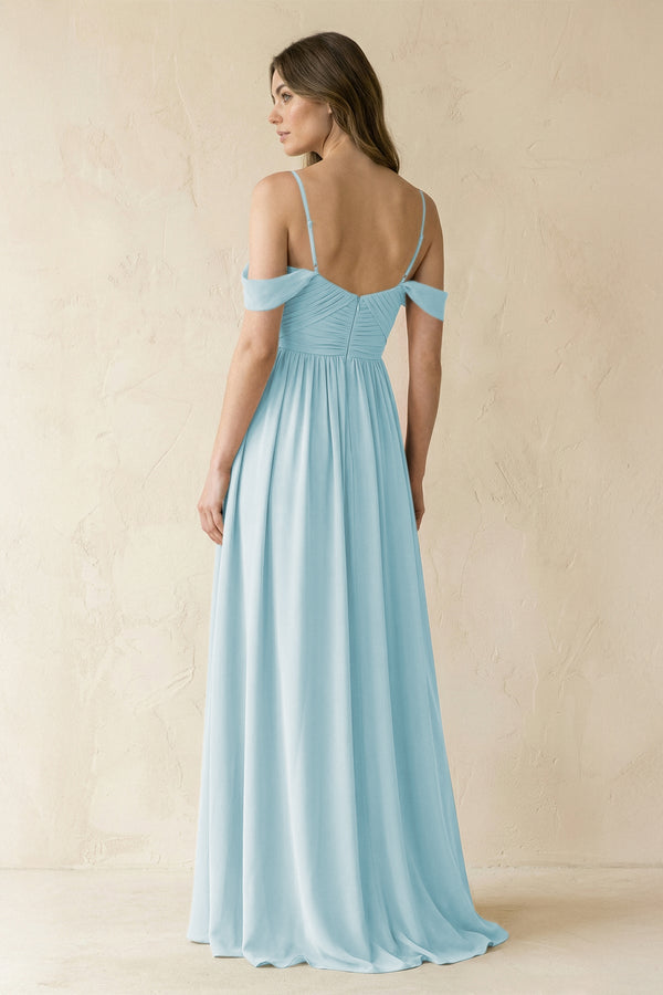 A-Line Off-the-Shoulder Pleated Chiffon Bridesmaid Dress in Sky Blue - KissProm BRIDESMAID DRESSES