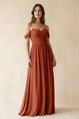 A-Line Off-the-Shoulder Pleated Chiffon Bridesmaid Dress in Spice - KissProm BRIDESMAID DRESSES