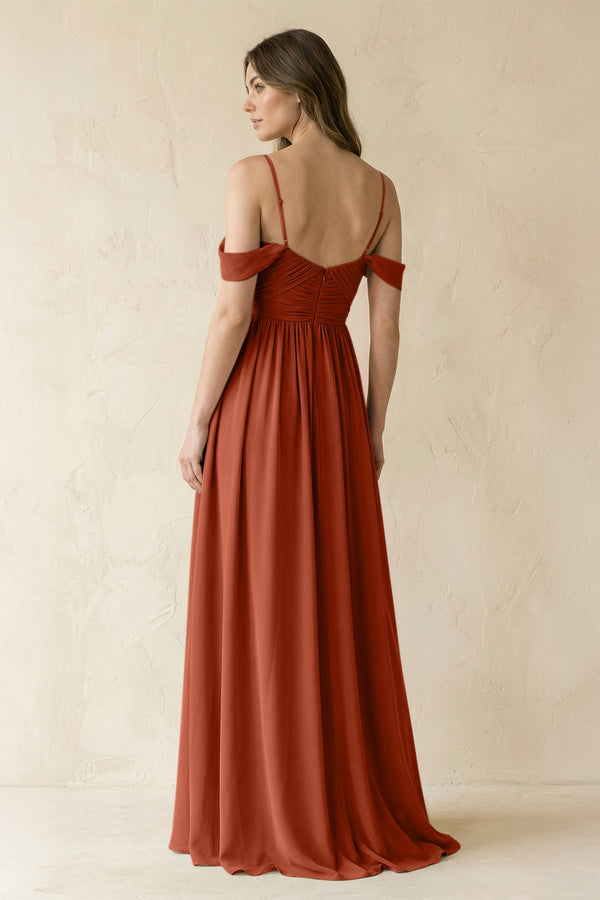 A-Line Off-the-Shoulder Pleated Chiffon Bridesmaid Dress in Spice - KissProm BRIDESMAID DRESSES