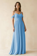 A-Line Off-the-Shoulder Pleated Chiffon Bridesmaid Dress in Steel Blue - KissProm BRIDESMAID DRESSES