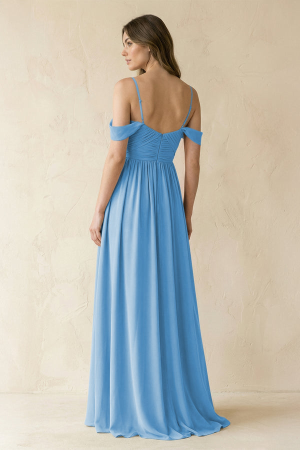 A-Line Off-the-Shoulder Pleated Chiffon Bridesmaid Dress in Steel Blue - KissProm BRIDESMAID DRESSES
