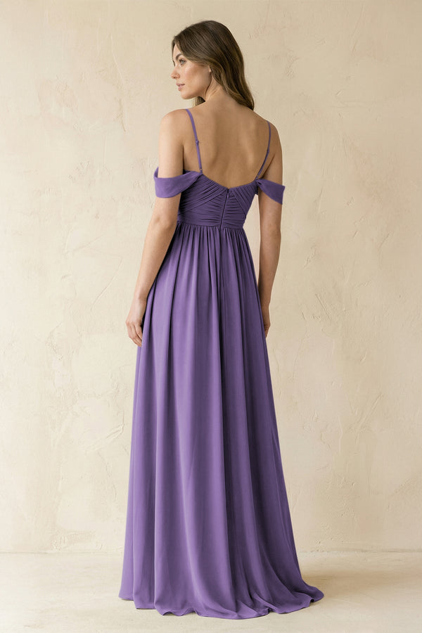 A-Line Off-the-Shoulder Pleated Chiffon Bridesmaid Dress in Tahiti - KissProm BRIDESMAID DRESSES