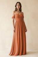 A-Line Off-the-Shoulder Pleated Chiffon Bridesmaid Dress in Terracotta - KissProm BRIDESMAID DRESSES