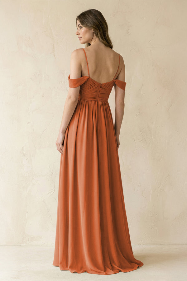 A-Line Off-the-Shoulder Pleated Chiffon Bridesmaid Dress in Terracotta - KissProm BRIDESMAID DRESSES