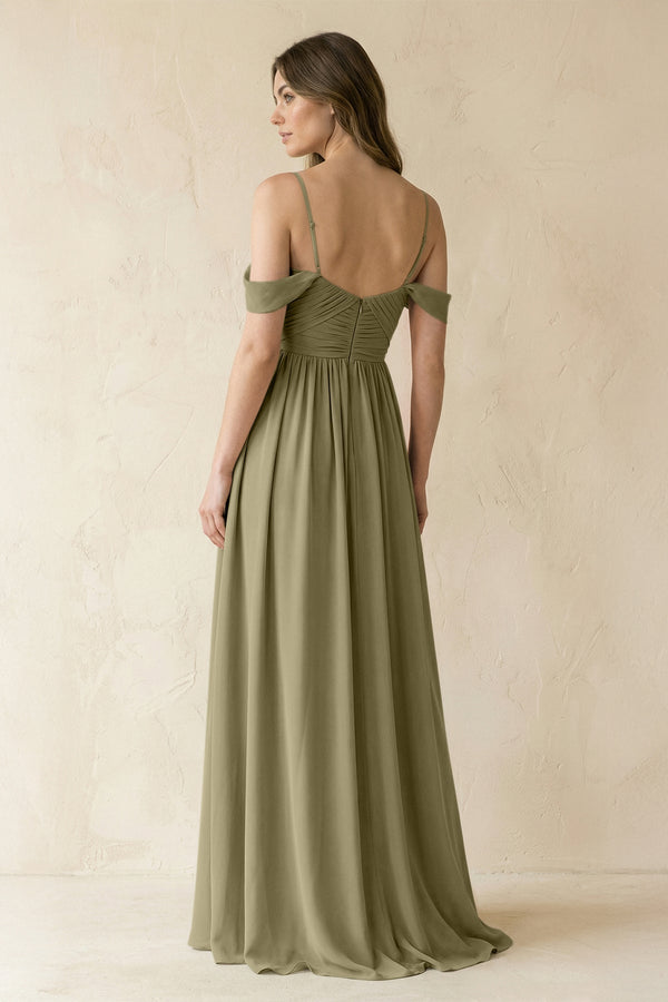 A-Line Off-the-Shoulder Pleated Chiffon Bridesmaid Dress in Thyme - KissProm BRIDESMAID DRESSES
