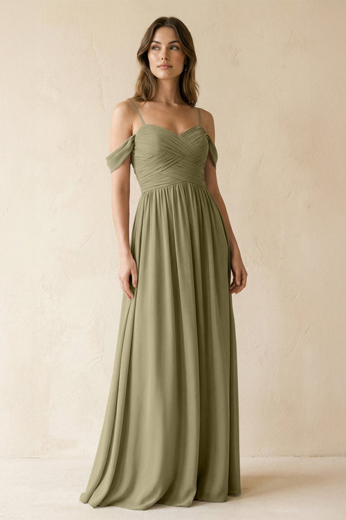 A-Line Off-the-Shoulder Pleated Chiffon Bridesmaid Dress in Thyme - KissProm BRIDESMAID DRESSES