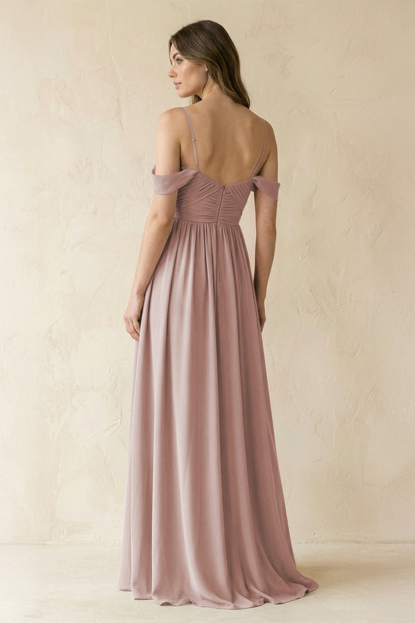 A-Line Off-the-Shoulder Pleated Chiffon Bridesmaid Dress in Toffee - KissProm BRIDESMAID DRESSES