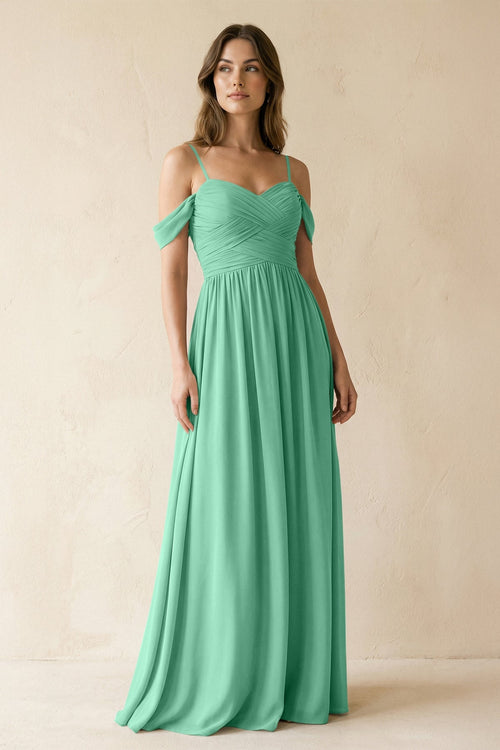 A-Line Off-the-Shoulder Pleated Chiffon Bridesmaid Dress in Turquoise - KissProm BRIDESMAID DRESSES