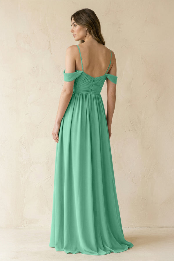 A-Line Off-the-Shoulder Pleated Chiffon Bridesmaid Dress in Turquoise - KissProm BRIDESMAID DRESSES