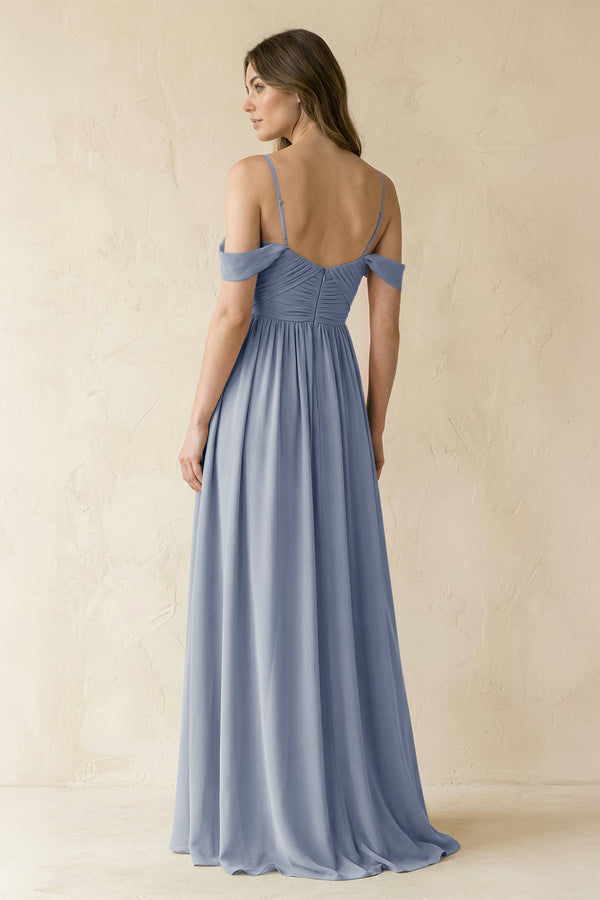 A-Line Off-the-Shoulder Pleated Chiffon Bridesmaid Dress in Twilight - KissProm BRIDESMAID DRESSES