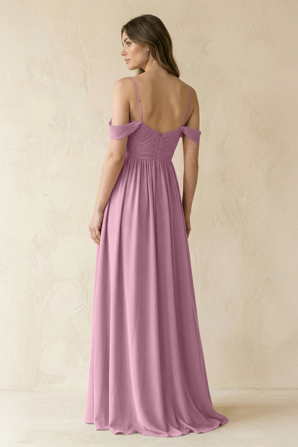 A-Line Off-the-Shoulder Pleated Chiffon Bridesmaid Dress in Vintage Mauve - KissProm BRIDESMAID DRESSES