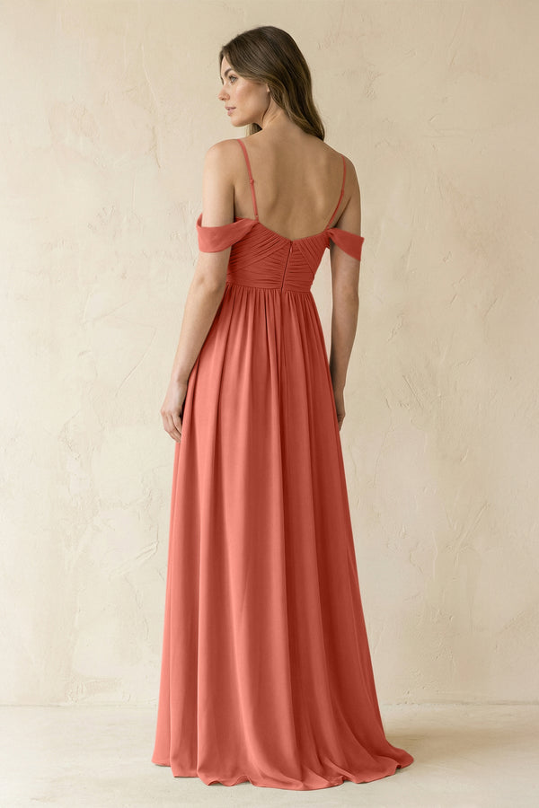 A-Line Off-the-Shoulder Pleated Chiffon Bridesmaid Dress in Wild Rose - KissProm BRIDESMAID DRESSES