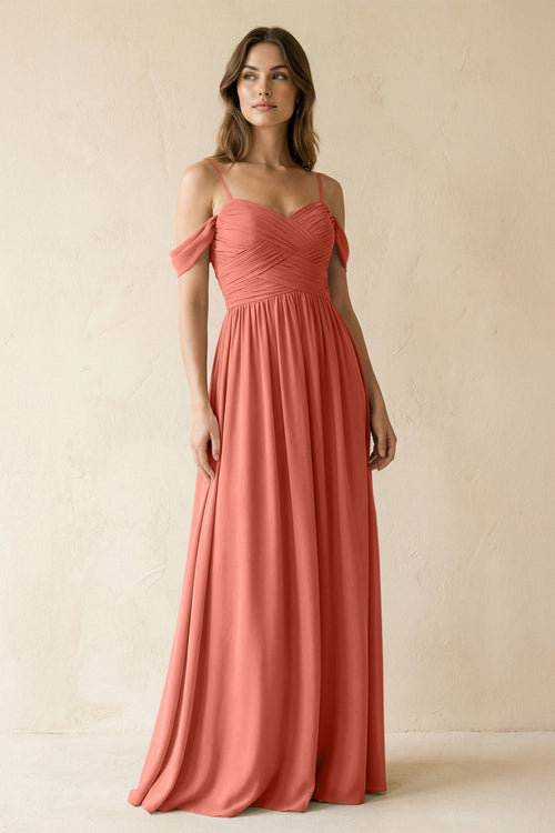 A-Line Off-the-Shoulder Pleated Chiffon Bridesmaid Dress in Wild Rose - KissProm BRIDESMAID DRESSES