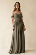 A-Line Off-the-Shoulder Pleated Chiffon Bridesmaid Dress in Willow Green - KissProm BRIDESMAID DRESSES