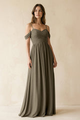 A-Line Off-the-Shoulder Pleated Chiffon Bridesmaid Dress in Willow Green - KissProm BRIDESMAID DRESSES
