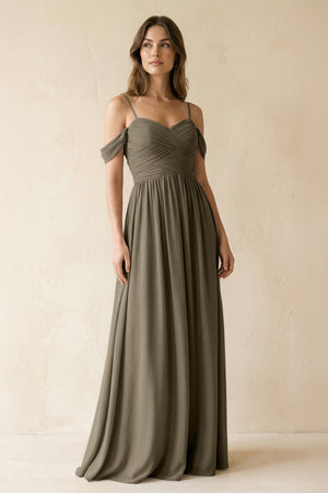 A-Line Off-the-Shoulder Pleated Chiffon Bridesmaid Dress in Willow Green - KissProm BRIDESMAID DRESSES