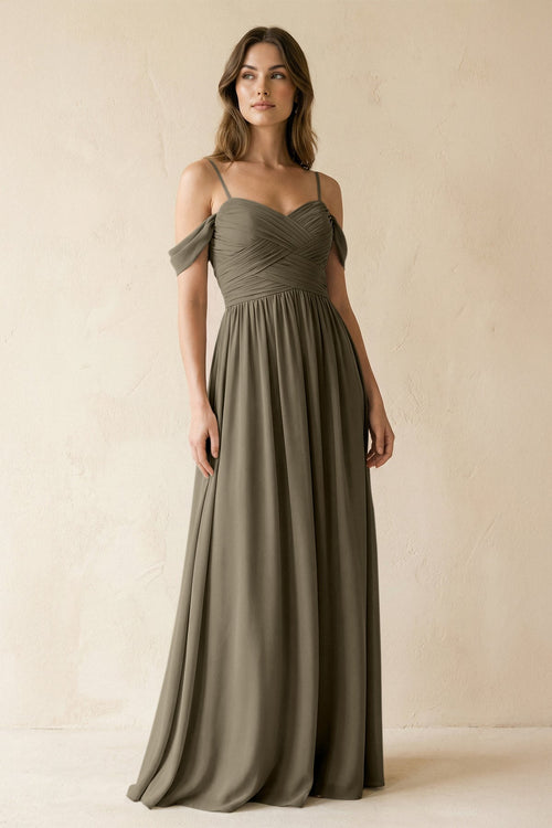 A-Line Off-the-Shoulder Pleated Chiffon Bridesmaid Dress in Willow Green - KissProm BRIDESMAID DRESSES