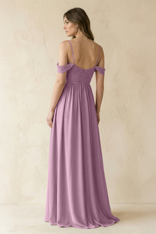 A-Line Off-the-Shoulder Pleated Chiffon Bridesmaid Dress in Wisteria - KissProm BRIDESMAID DRESSES