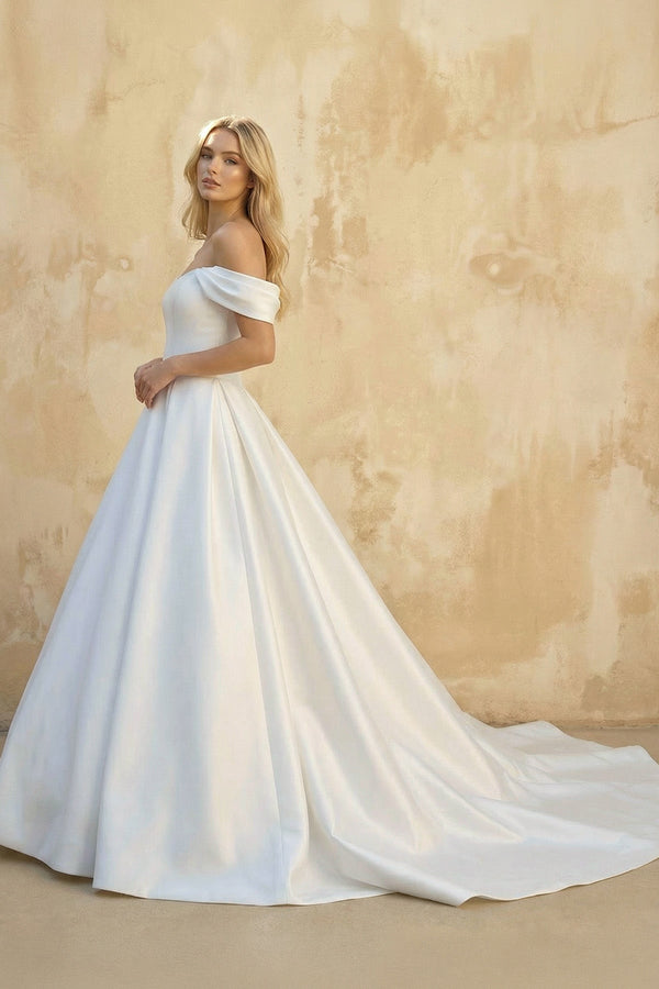 A - Line Off the Shoulder Satin Wedding Dresses in White - KissProm Wedding Dresses