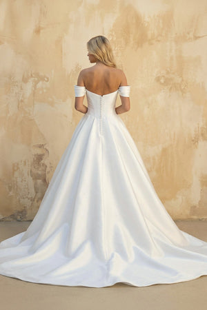 A - Line Off the Shoulder Satin Wedding Dresses in White - KissProm Wedding Dresses