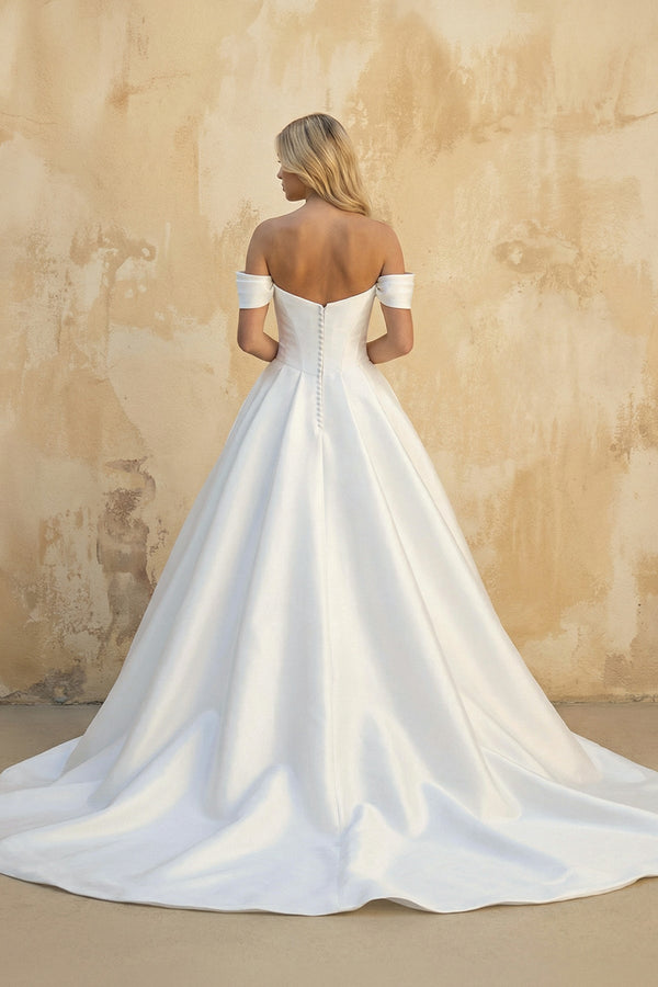 A - Line Off the Shoulder Satin Wedding Dresses in White - KissProm Wedding Dresses