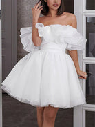 Zephyr | A - Line Off - The - Shoulder Sleeveless Short Mini Organza Wedding Dresses - KissProm