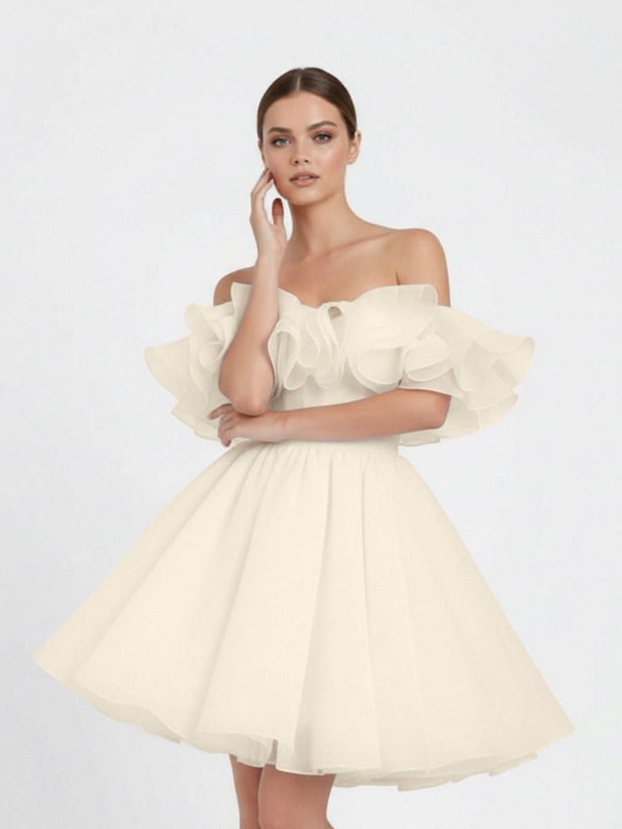 Zephyr | A - Line Off - The - Shoulder Sleeveless Short Mini Organza Wedding Dresses - KissProm