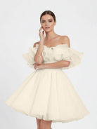 Zephyr | A - Line Off - The - Shoulder Sleeveless Short Mini Organza Wedding Dresses - KissProm