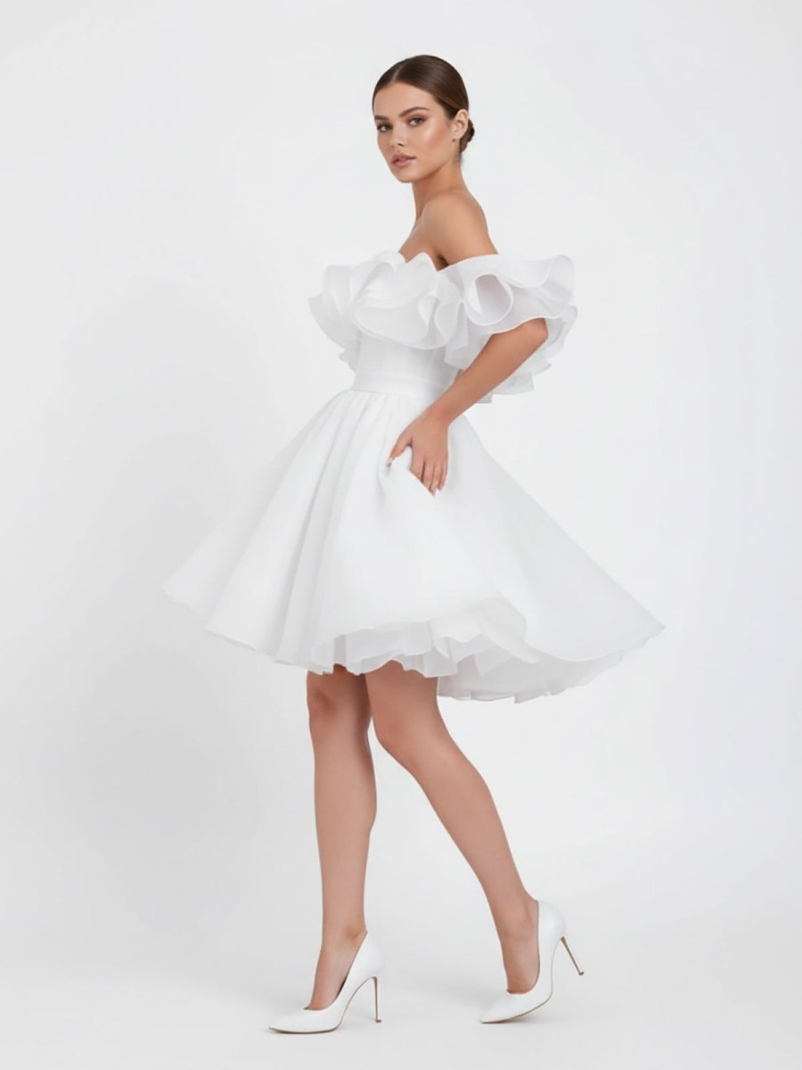 Zephyr | A - Line Off - The - Shoulder Sleeveless Short Mini Organza Wedding Dresses - KissProm