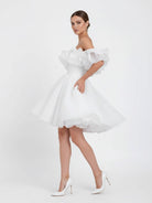 Zephyr | A - Line Off - The - Shoulder Sleeveless Short Mini Organza Wedding Dresses - KissProm