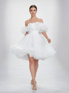 Zephyr | A - Line Off - The - Shoulder Sleeveless Short Mini Organza Wedding Dresses - KissProm
