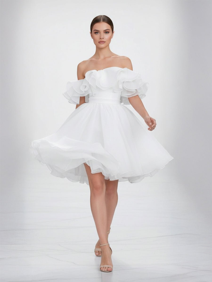 Zephyr | A - Line Off - The - Shoulder Sleeveless Short Mini Organza Wedding Dresses - KissProm
