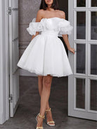 Zephyr | A - Line Off - The - Shoulder Sleeveless Short Mini Organza Wedding Dresses - KissProm