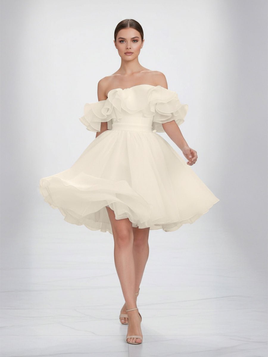 Zephyr | A - Line Off - The - Shoulder Sleeveless Short Mini Organza Wedding Dresses - KissProm