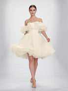 Zephyr | A - Line Off - The - Shoulder Sleeveless Short Mini Organza Wedding Dresses - KissProm