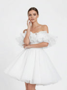 Zephyr | A - Line Off - The - Shoulder Sleeveless Short Mini Organza Wedding Dresses - KissProm