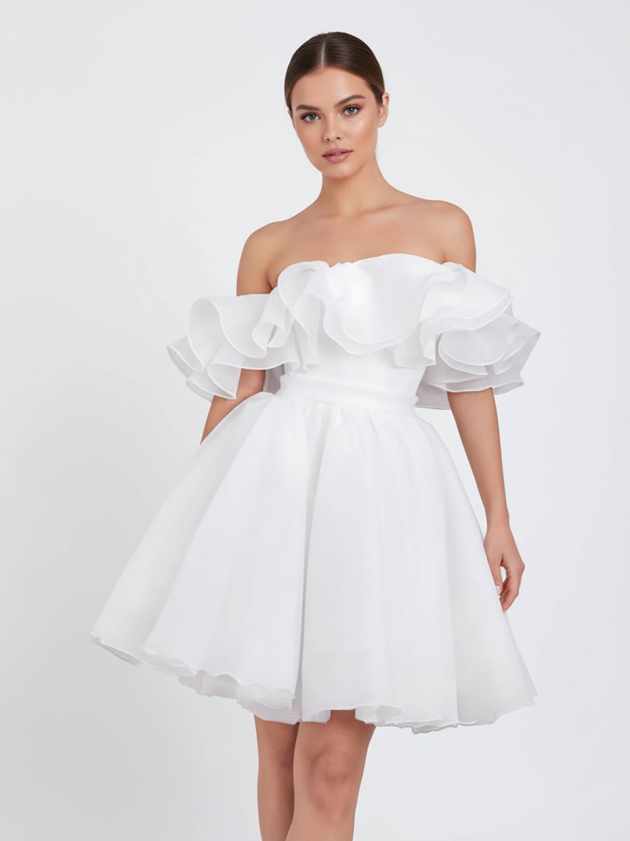 Zephyr | A - Line Off - The - Shoulder Sleeveless Short Mini Organza Wedding Dresses - KissProm