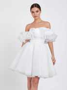 Zephyr | A - Line Off - The - Shoulder Sleeveless Short Mini Organza Wedding Dresses - KissProm