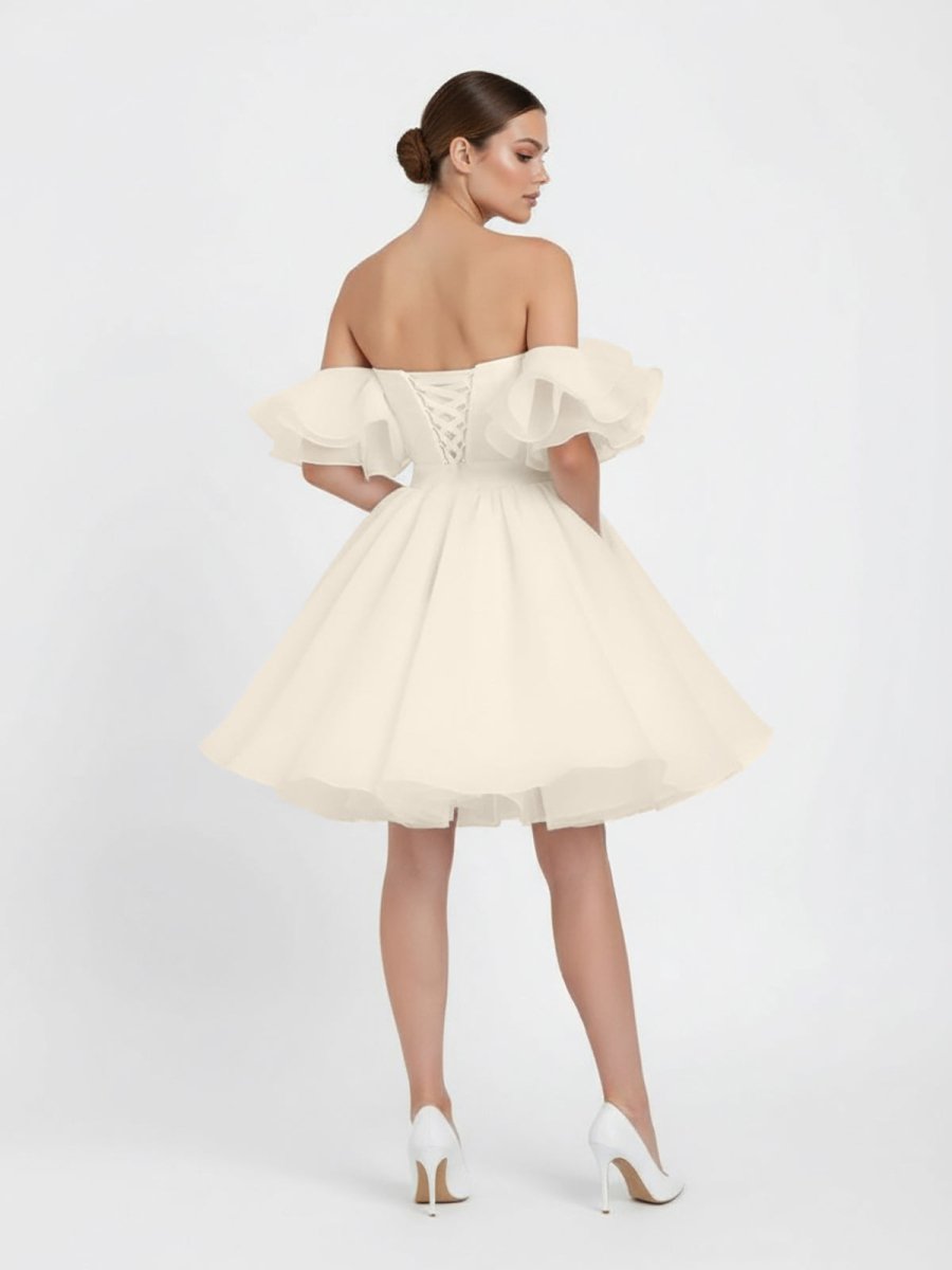 KissProm A-Line Off-The-Shoulder Sleeveless Short Mini Organza Wedding Dresses, Champagne / 6