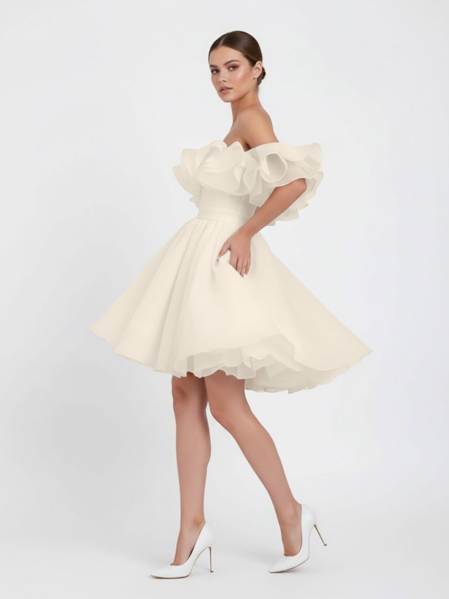 KissProm A-Line Off-The-Shoulder Sleeveless Short Mini Organza Wedding Dresses, Champagne / 6