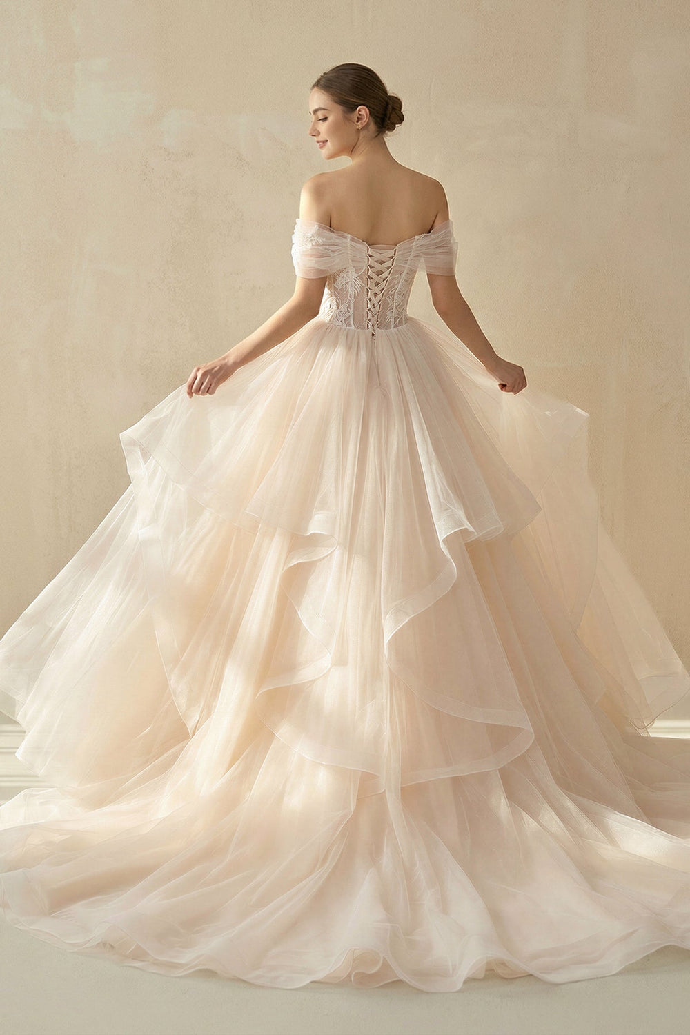 A - Line Off - the - Shoulder Tulle Wedding Dress - KissProm Wedding Dresses