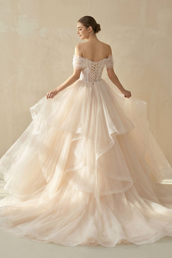 A - Line Off - the - Shoulder Tulle Wedding Dress - KissProm Wedding Dresses