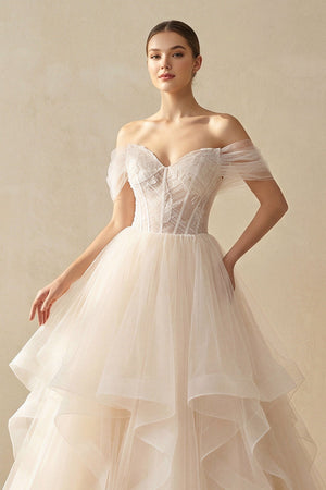 A - Line Off - the - Shoulder Tulle Wedding Dress - KissProm Wedding Dresses