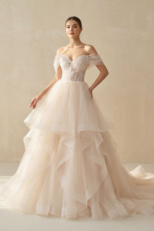 A - Line Off - the - Shoulder Tulle Wedding Dress - KissProm Wedding Dresses