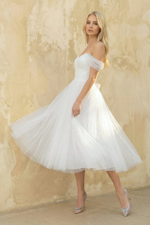 A Line Off The Shoulder Tulle Wedding Dress in White - KissProm Wedding Dresses