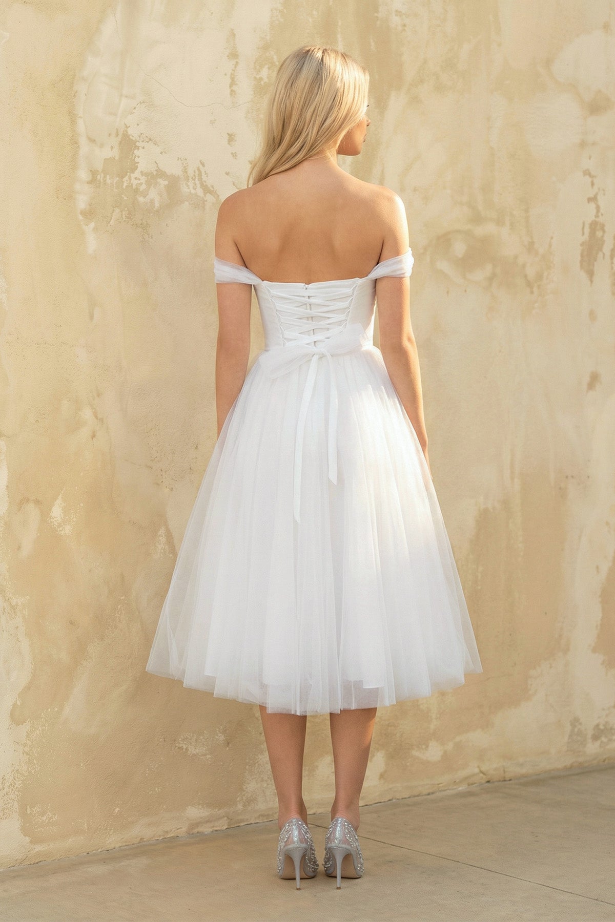 Sweet A-Line Off-The-Shoulder Little White Tulle Wedding Dresses