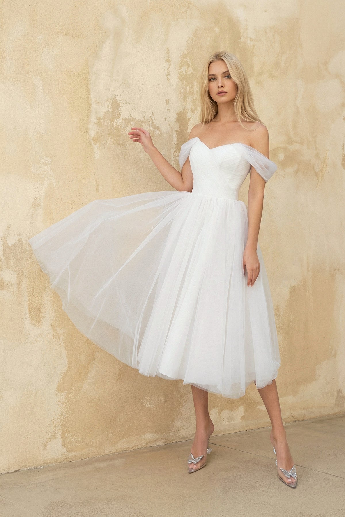 KissProm Sweet A-Line Off-The-Shoulder Little White Tulle Wedding Dresses, Diamond White / 8