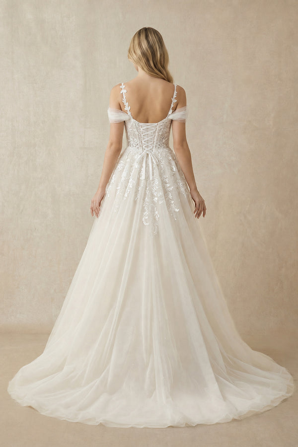 A-Line Off-The-Shoulder Tulle Wedding Dresses With Appliques Lace